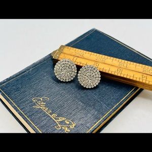 Vintage clip on round rhinestone silver 1” earrings paved